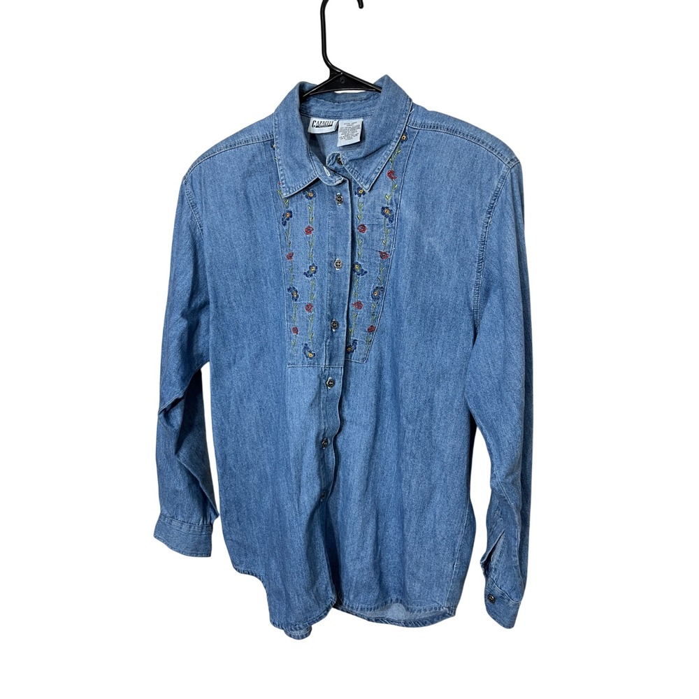 Vintage Capacity Petites Denim Shirt Womens Petite Large Embroidered Long Sleeve
